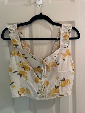 Lace-Up White Lemon Print Crop Top